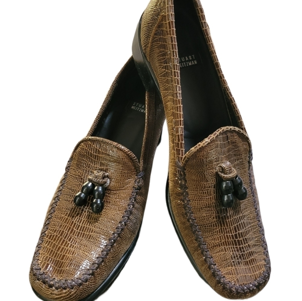 Stuart Weitzman Vintage Brown Snakeskin Loafer Chunky Heels Size 7.5